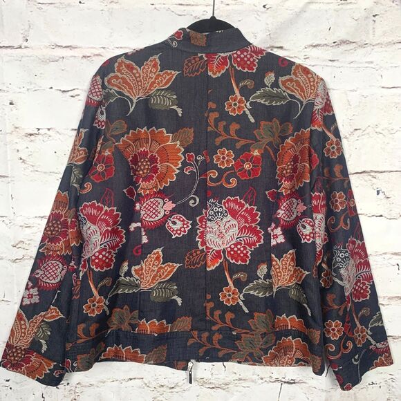 Chico's Grey Black Deep Red Orange White Floral Jacket Blazer Size 2 Large 12 - Picture 2 of 7